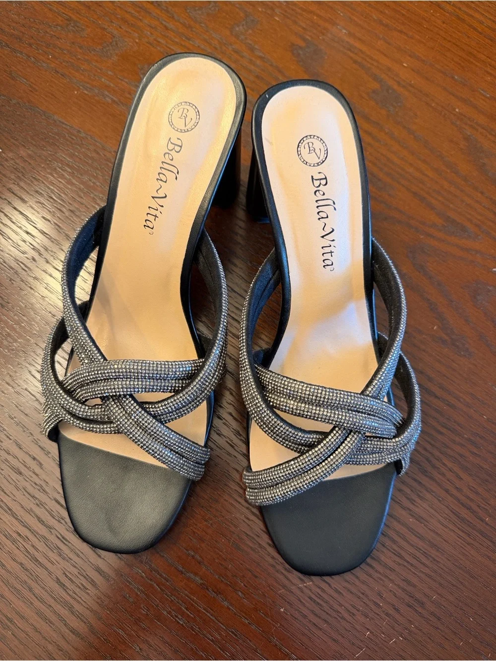 Bella Vita Black Heeled Knot Sandals with Silver Accent Straps